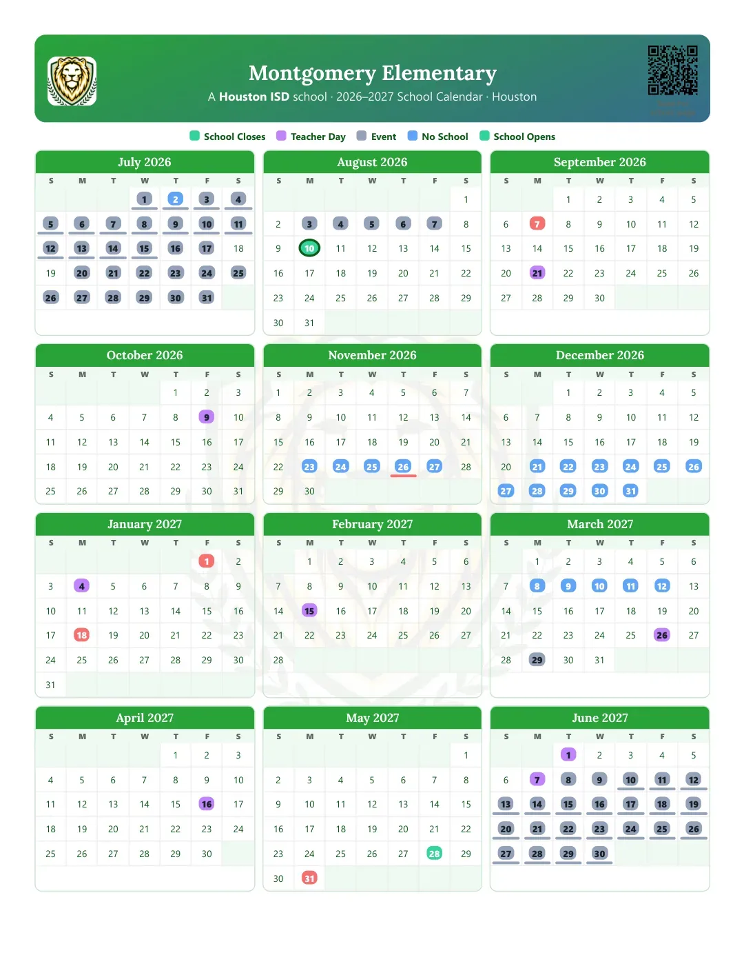Montgomery Elementary Calendar for the Year 26-27