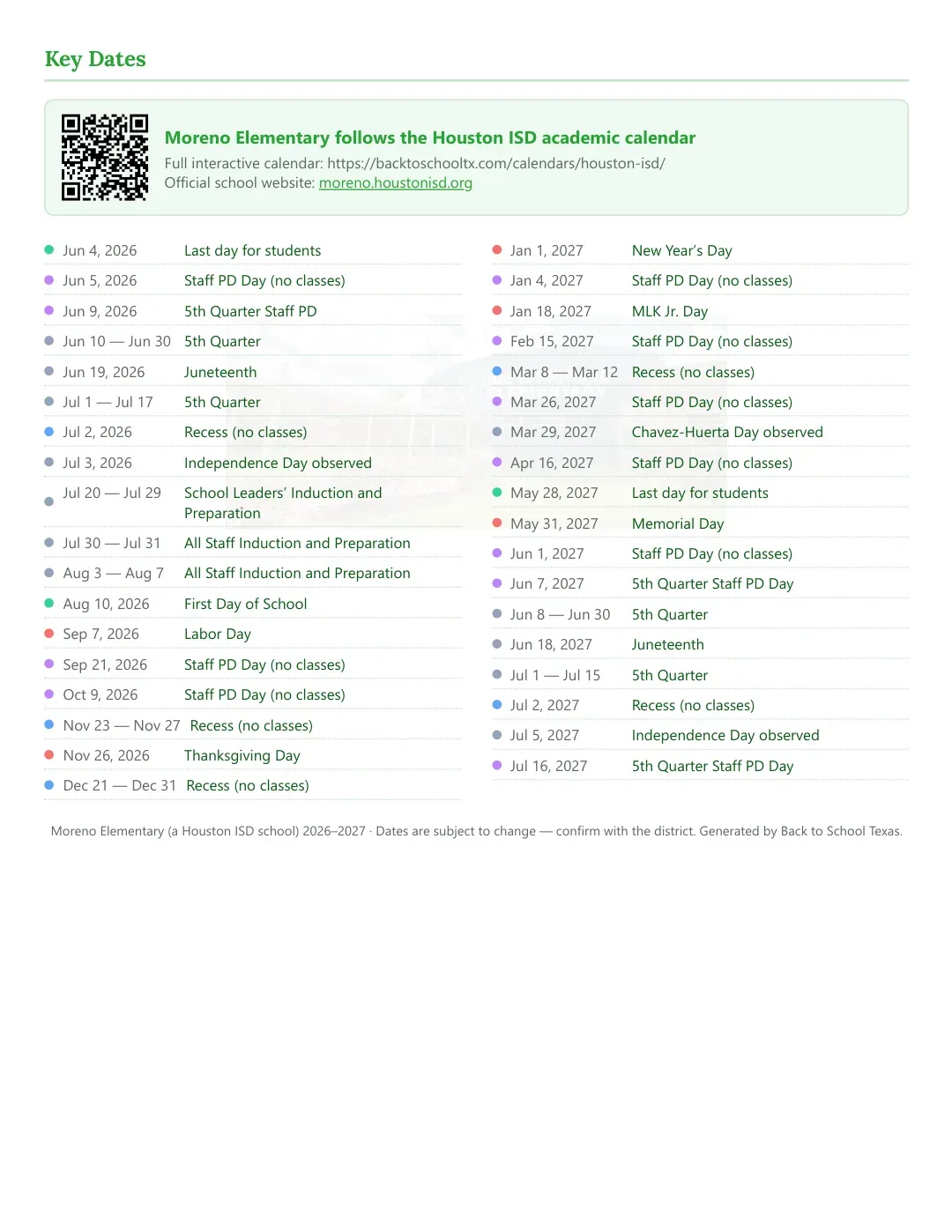 Moreno Elementary Calendar for the Year 26-27 — key dates