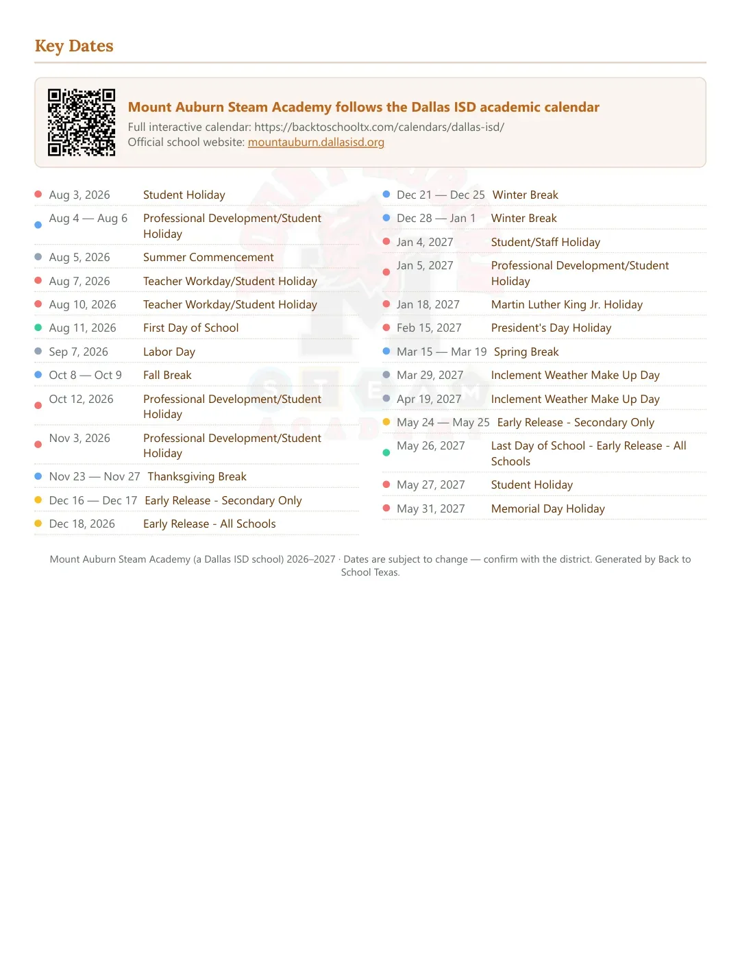 Mount Auburn Steam Academy Calendar for the Year 26-27 — key dates