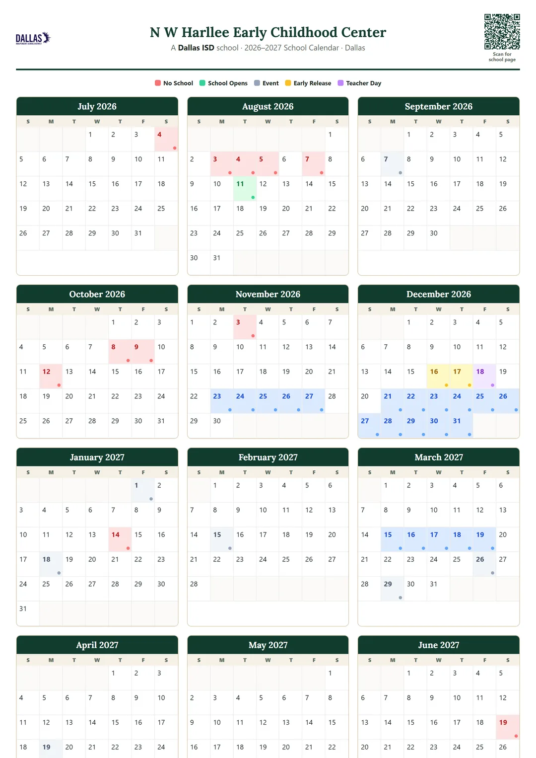 N W Harllee Early Childhood Center printable 2026–2027 calendar