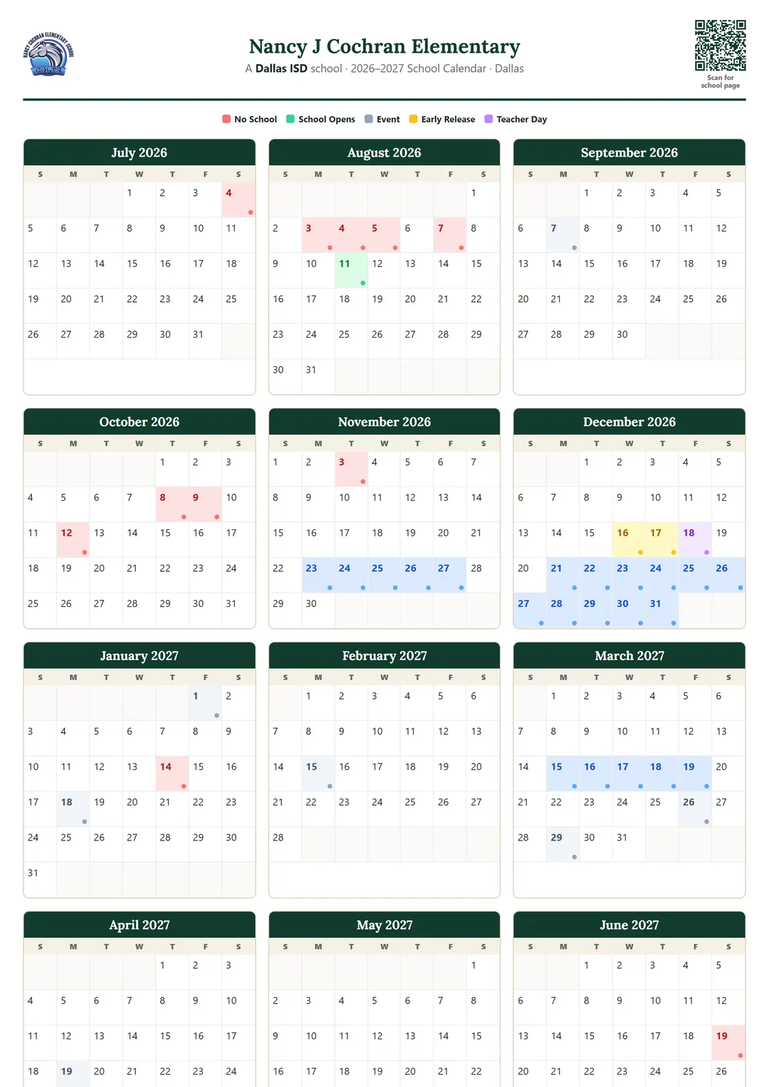Nancy J Cochran Elementary printable 2026–2027 calendar