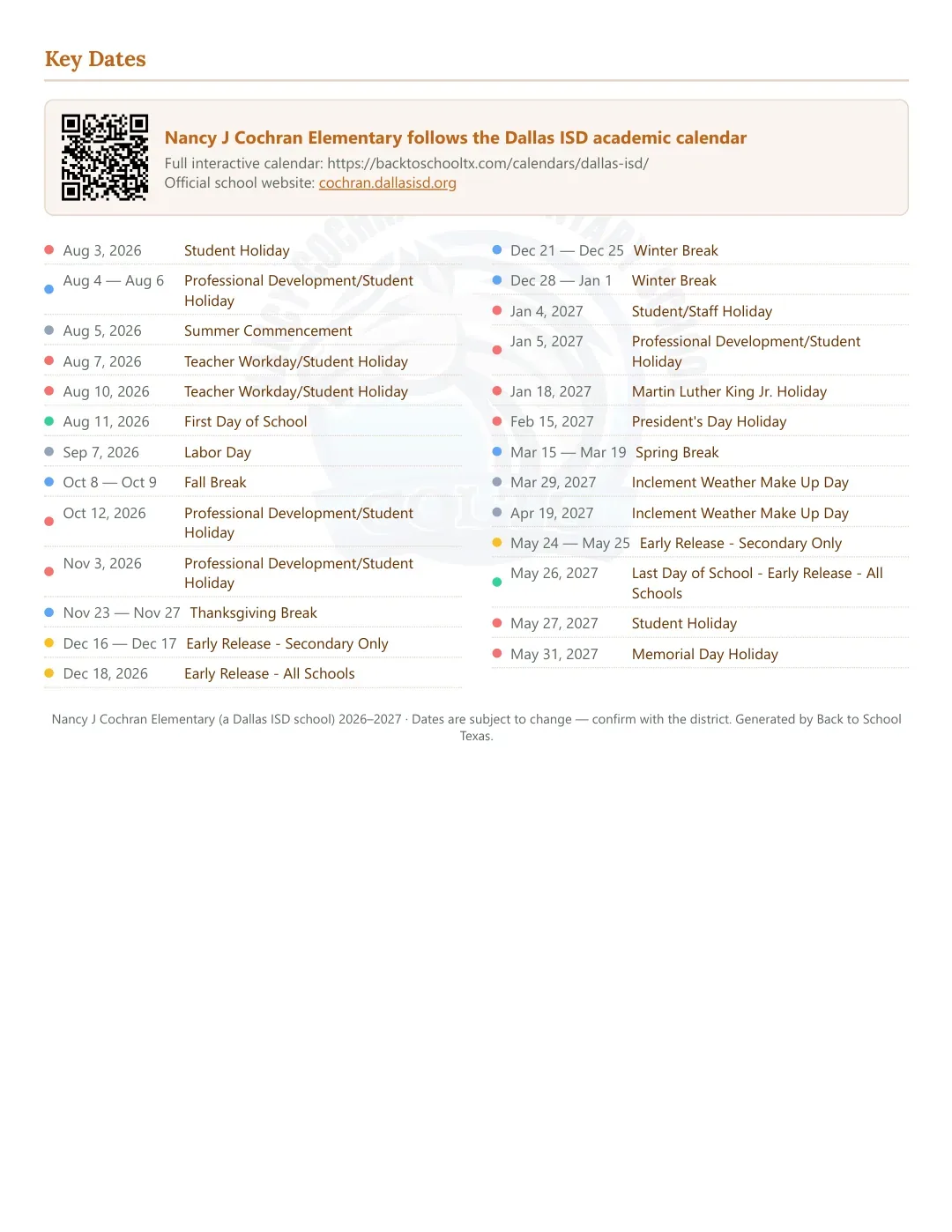 Nancy J Cochran Elementary Calendar for the Year 26-27 — key dates
