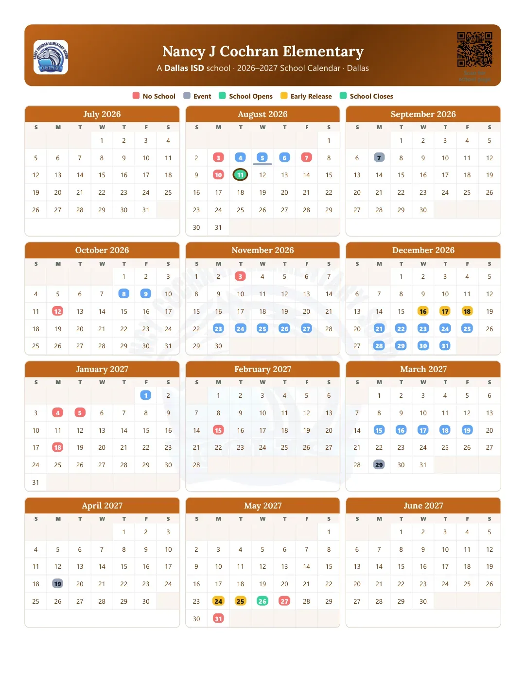 Nancy J Cochran Elementary Calendar for the Year 26-27
