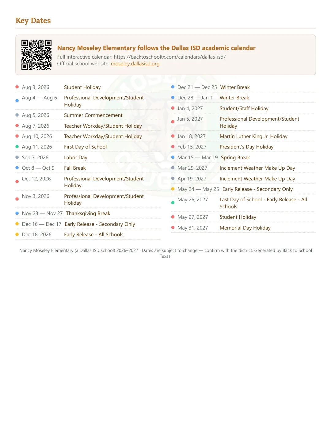 Nancy Moseley Elementary Calendar for the Year 26-27 — key dates