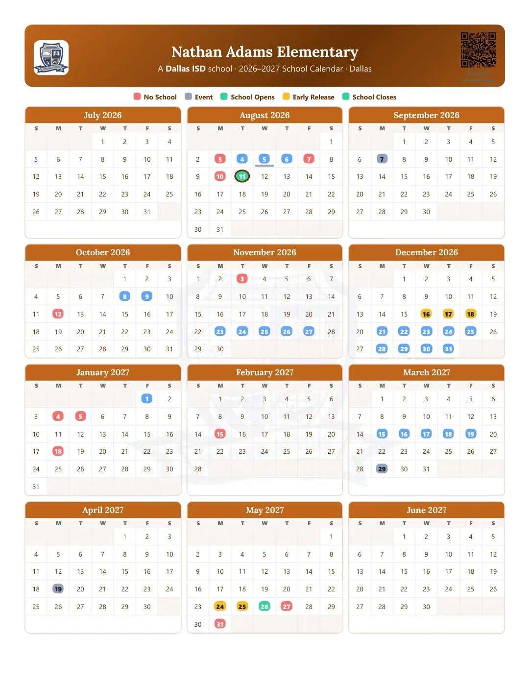 Nathan Adams Elementary Calendar for the Year 26-27