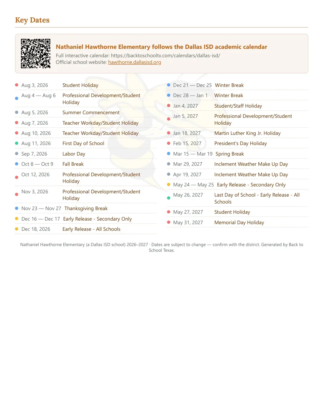 Nathaniel Hawthorne Elementary Calendar for the Year 26-27 — key dates