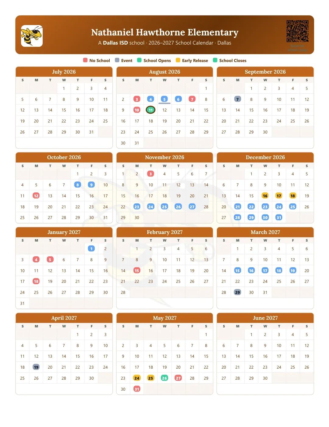 Nathaniel Hawthorne Elementary Calendar for the Year 26-27