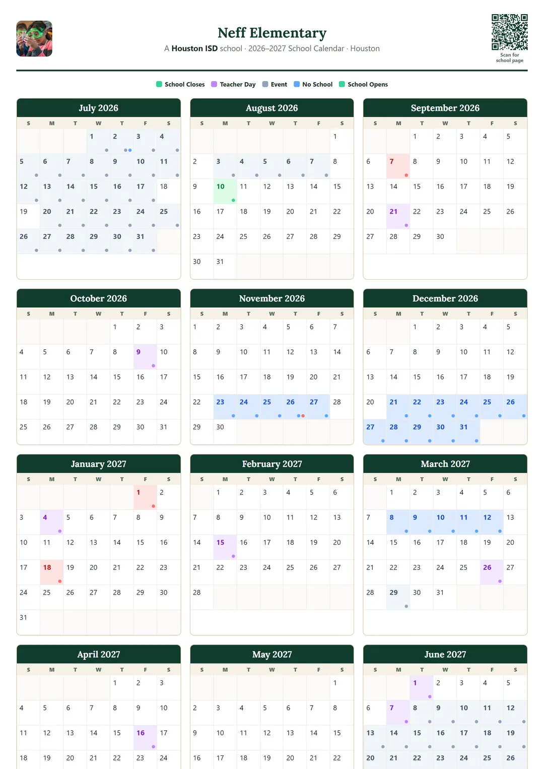Neff Elementary printable 2026–2027 calendar
