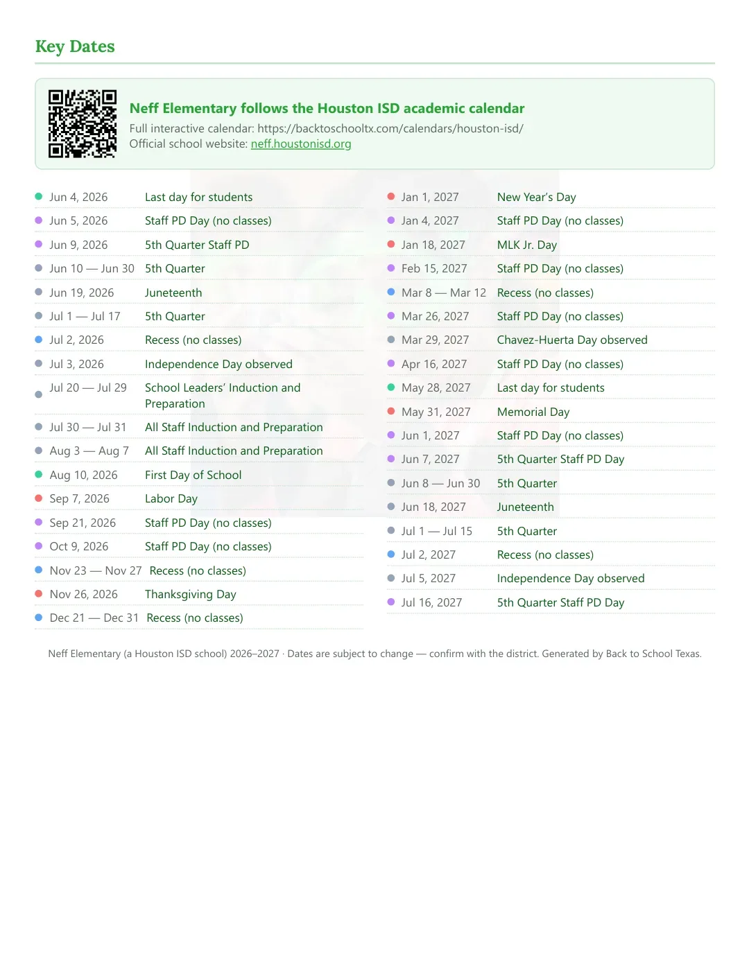 Neff Elementary Calendar for the Year 26-27 — key dates