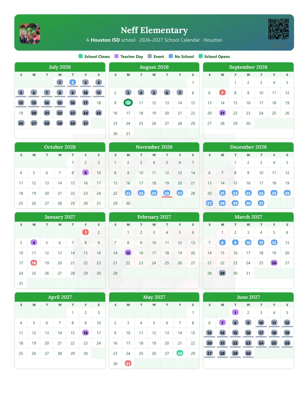 Neff Elementary Calendar for the Year 26-27