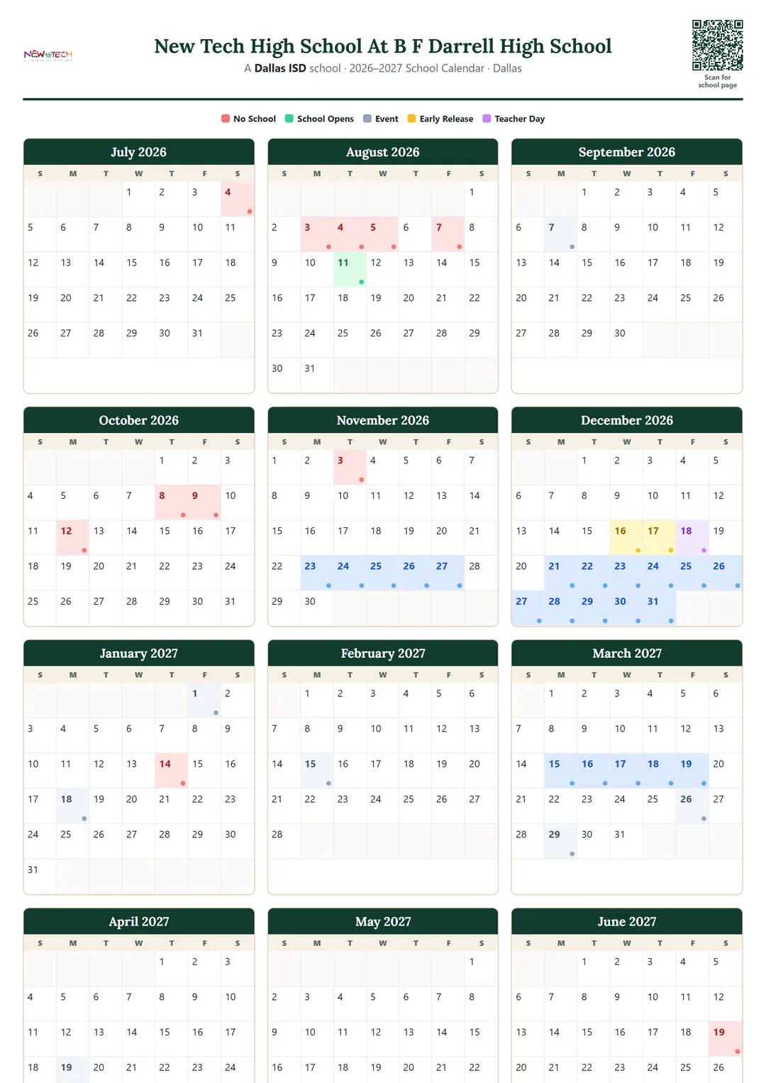 New Tech High School At B F Darrell High School printable 2026–2027 calendar