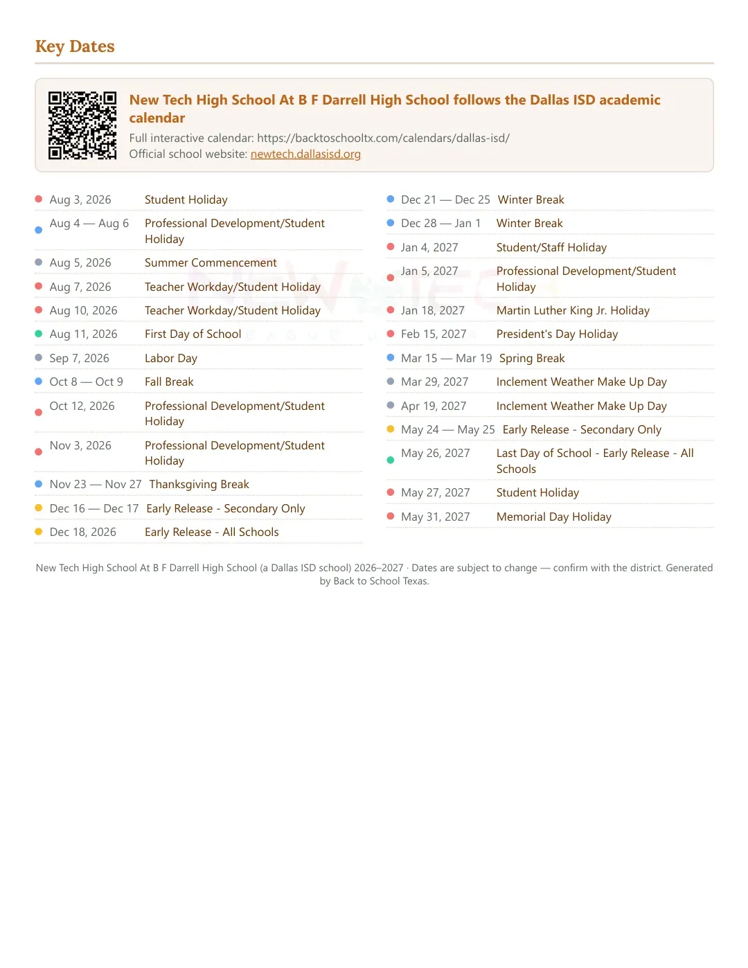 New Tech High School At B F Darrell High School Calendar for the Year 26-27 — key dates