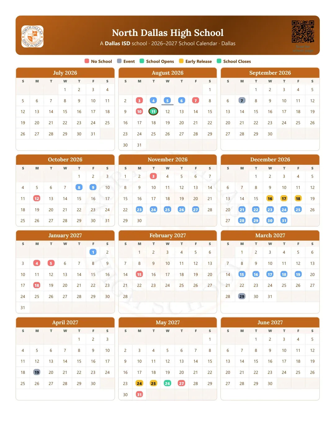 North Dallas High School Calendar for the Year 26-27