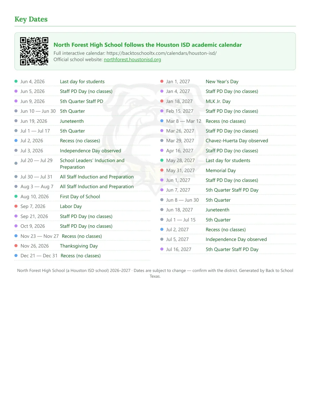 North Forest High School Calendar for the Year 26-27 — key dates