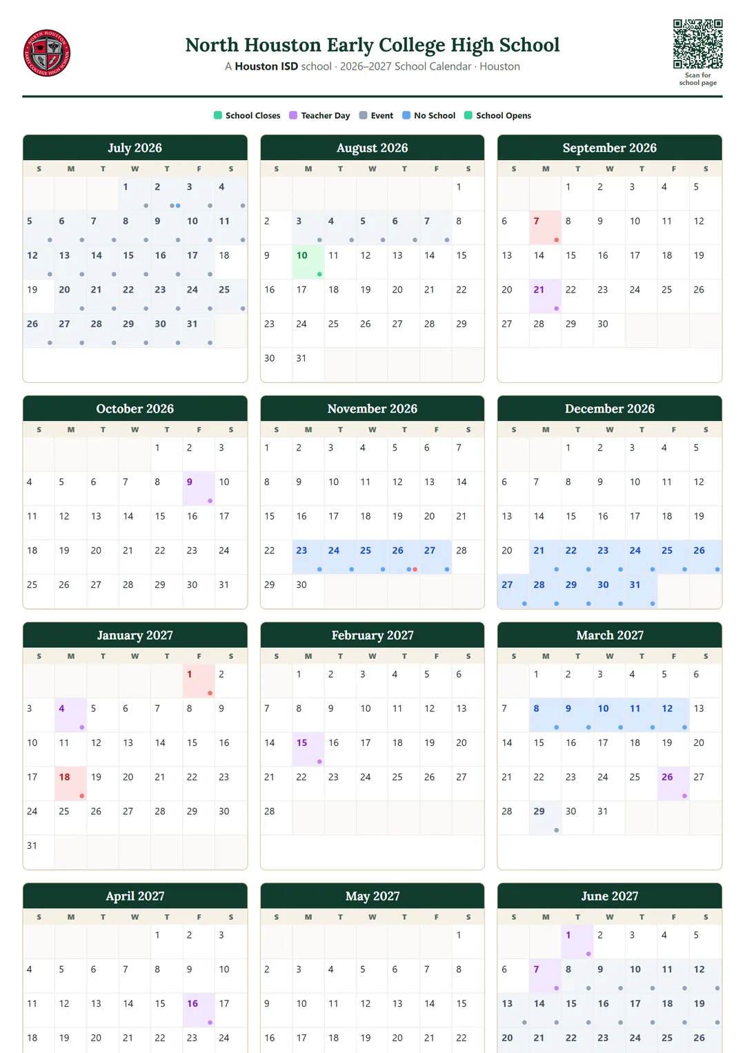 North Houston Early College High School printable 2026–2027 calendar