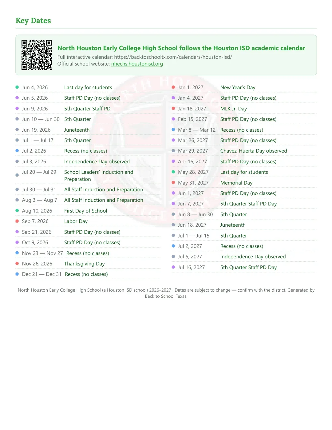 North Houston Early College High School Calendar for the Year 26-27 — key dates