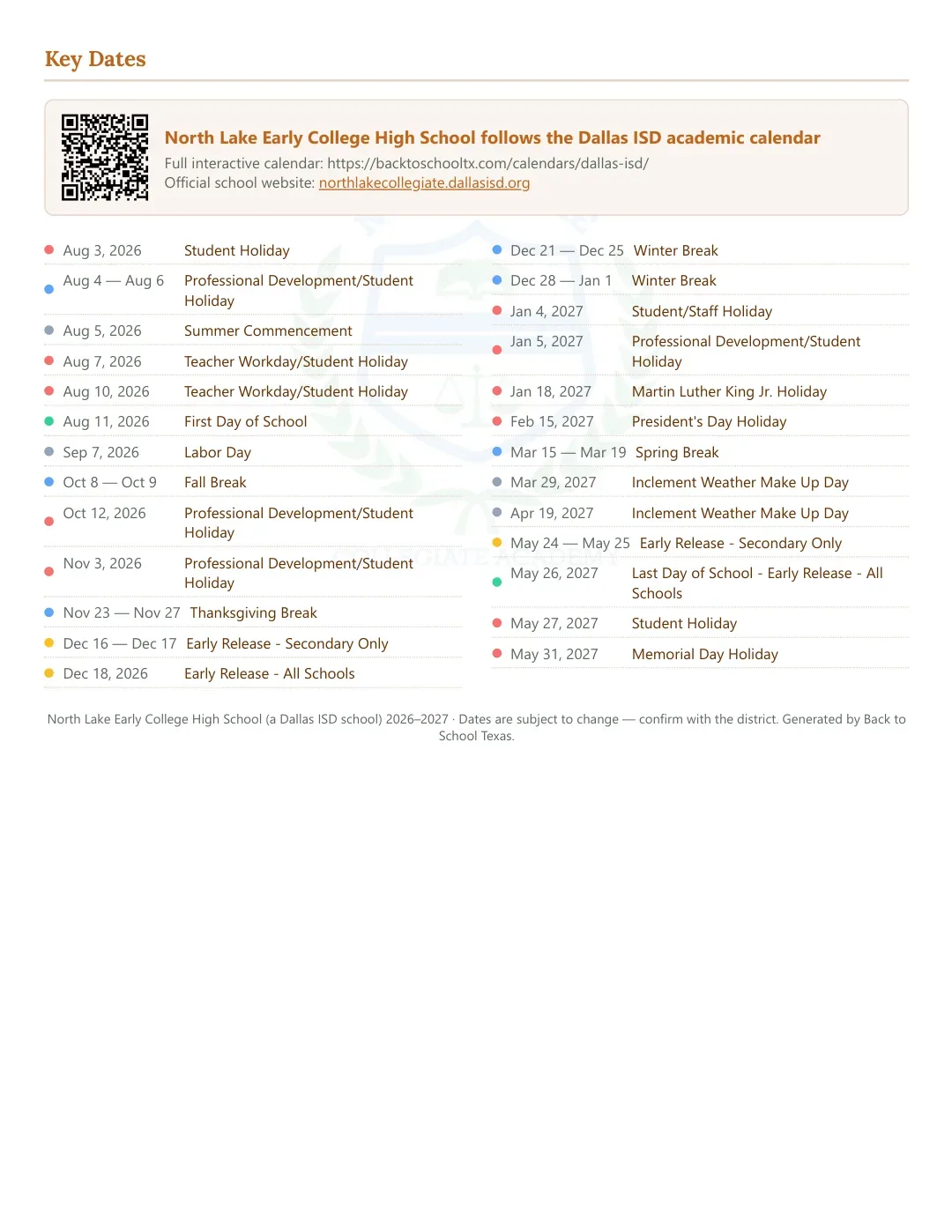 North Lake Early College High School Calendar for the Year 26-27 — key dates