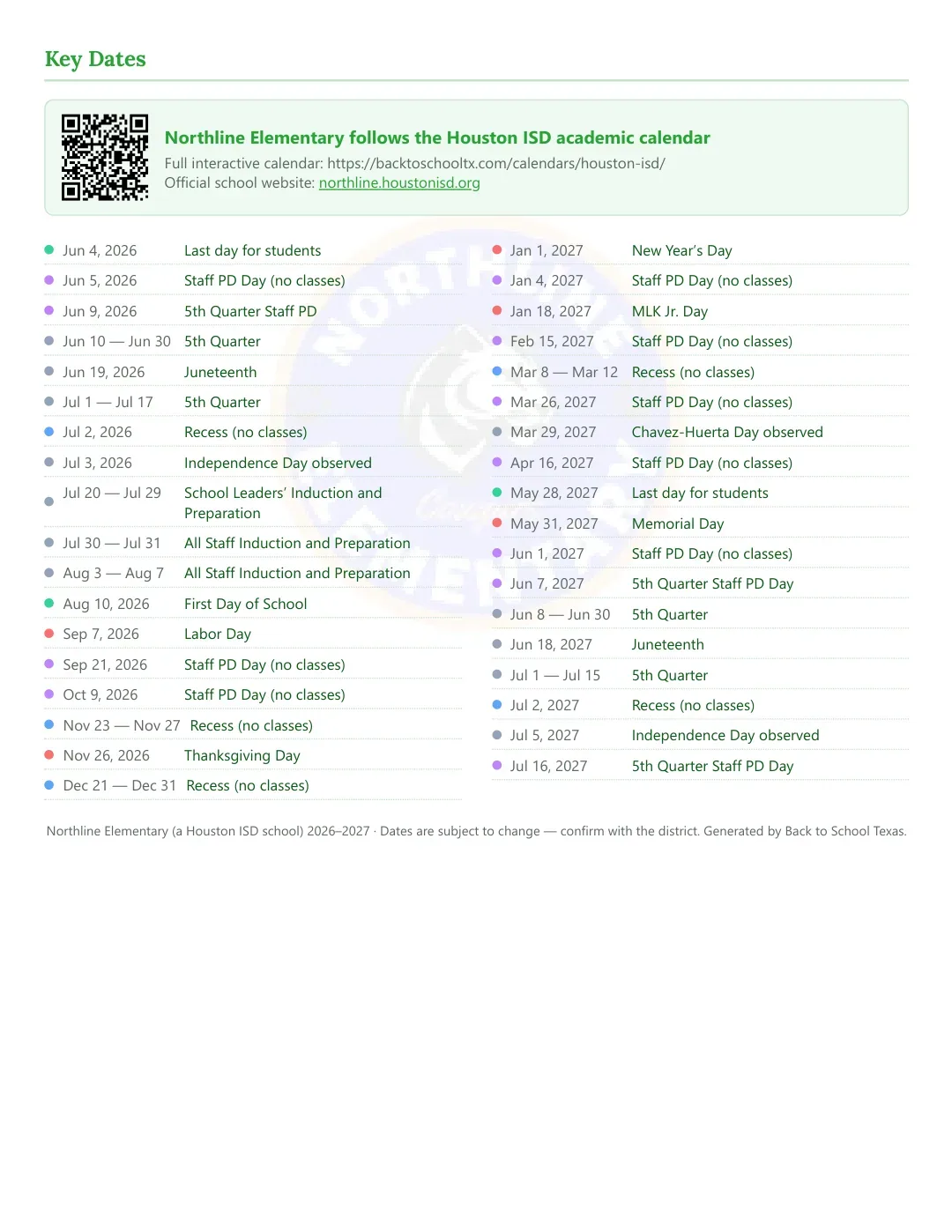 Northline Elementary Calendar for the Year 26-27 — key dates