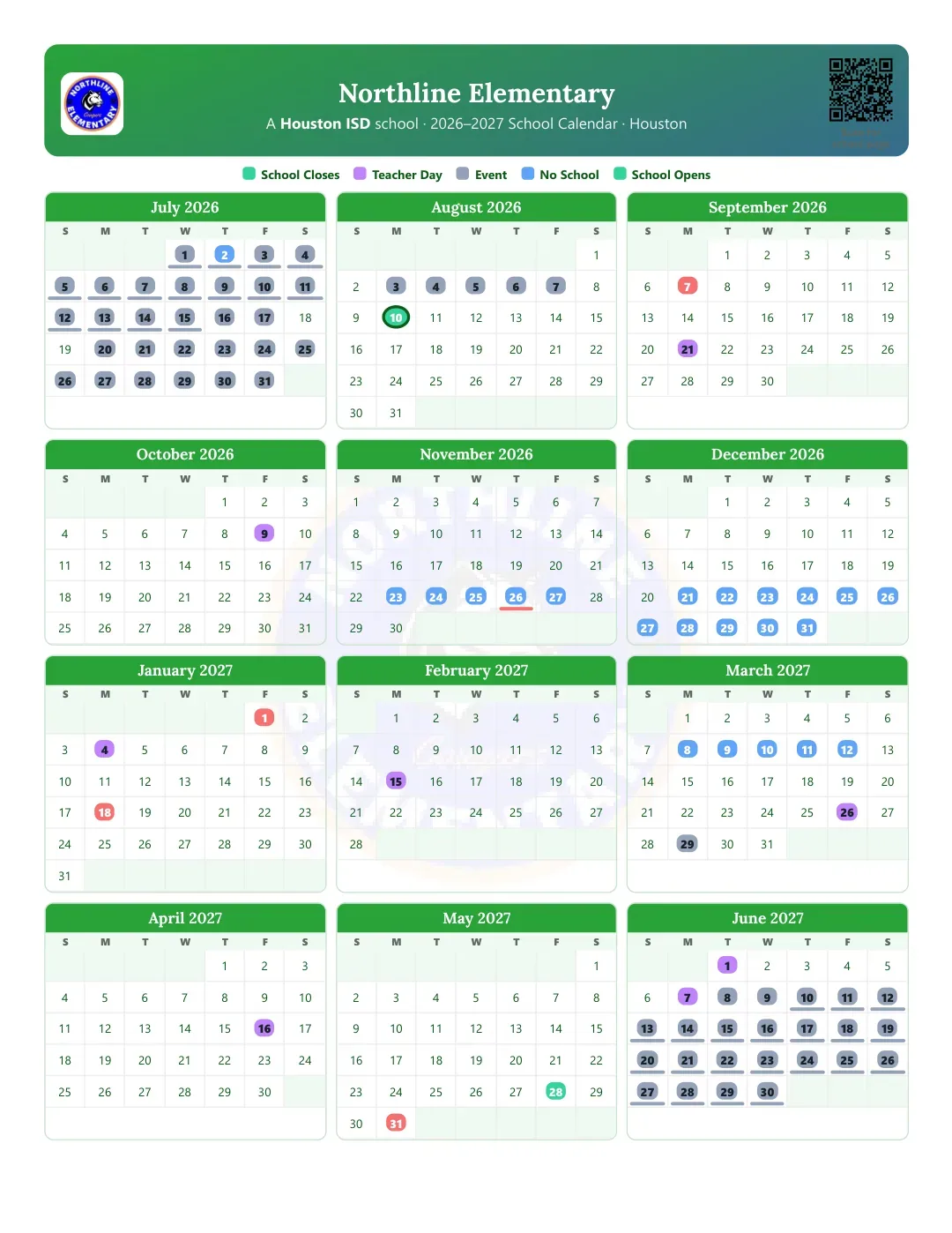 Northline Elementary Calendar for the Year 26-27