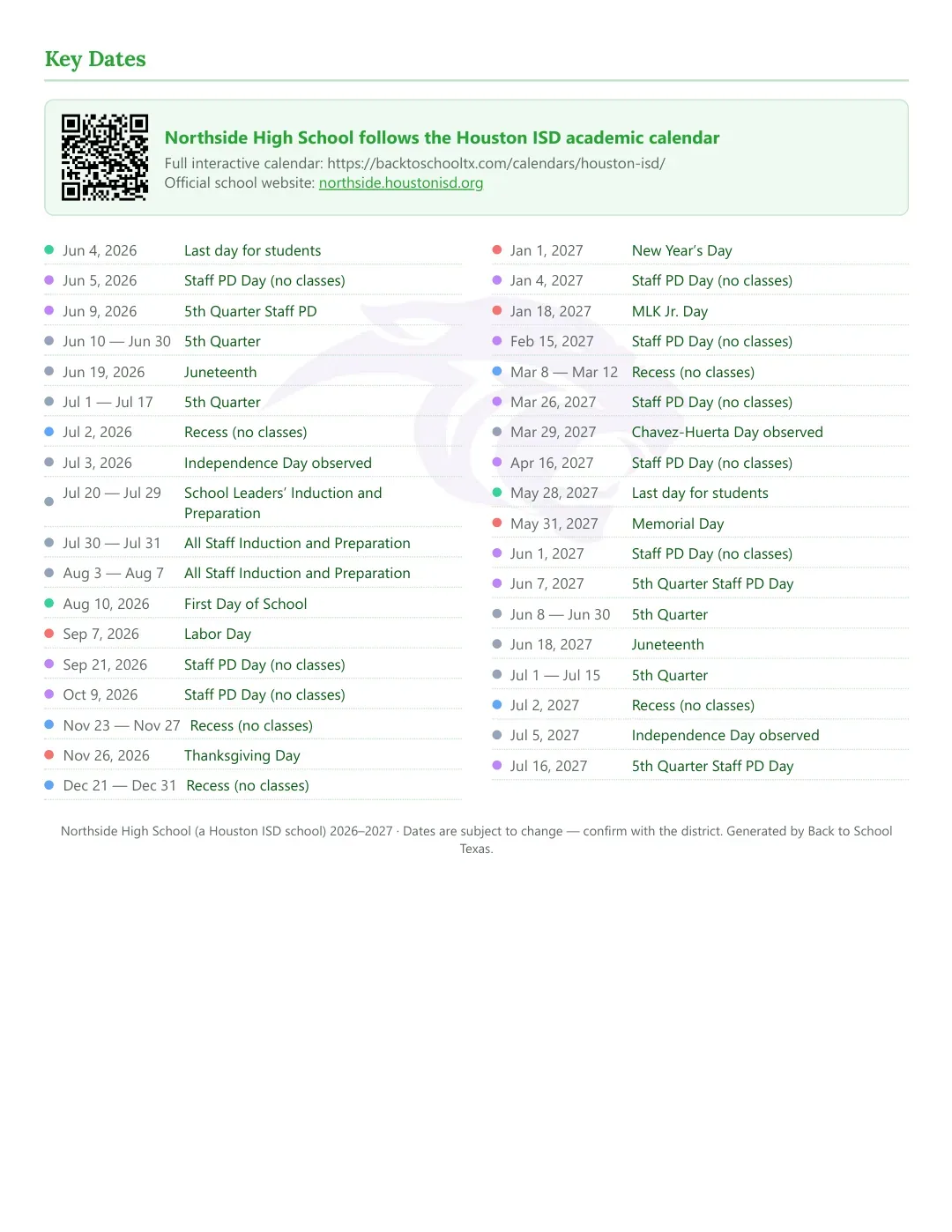 Northside High School Calendar for the Year 26-27 — key dates