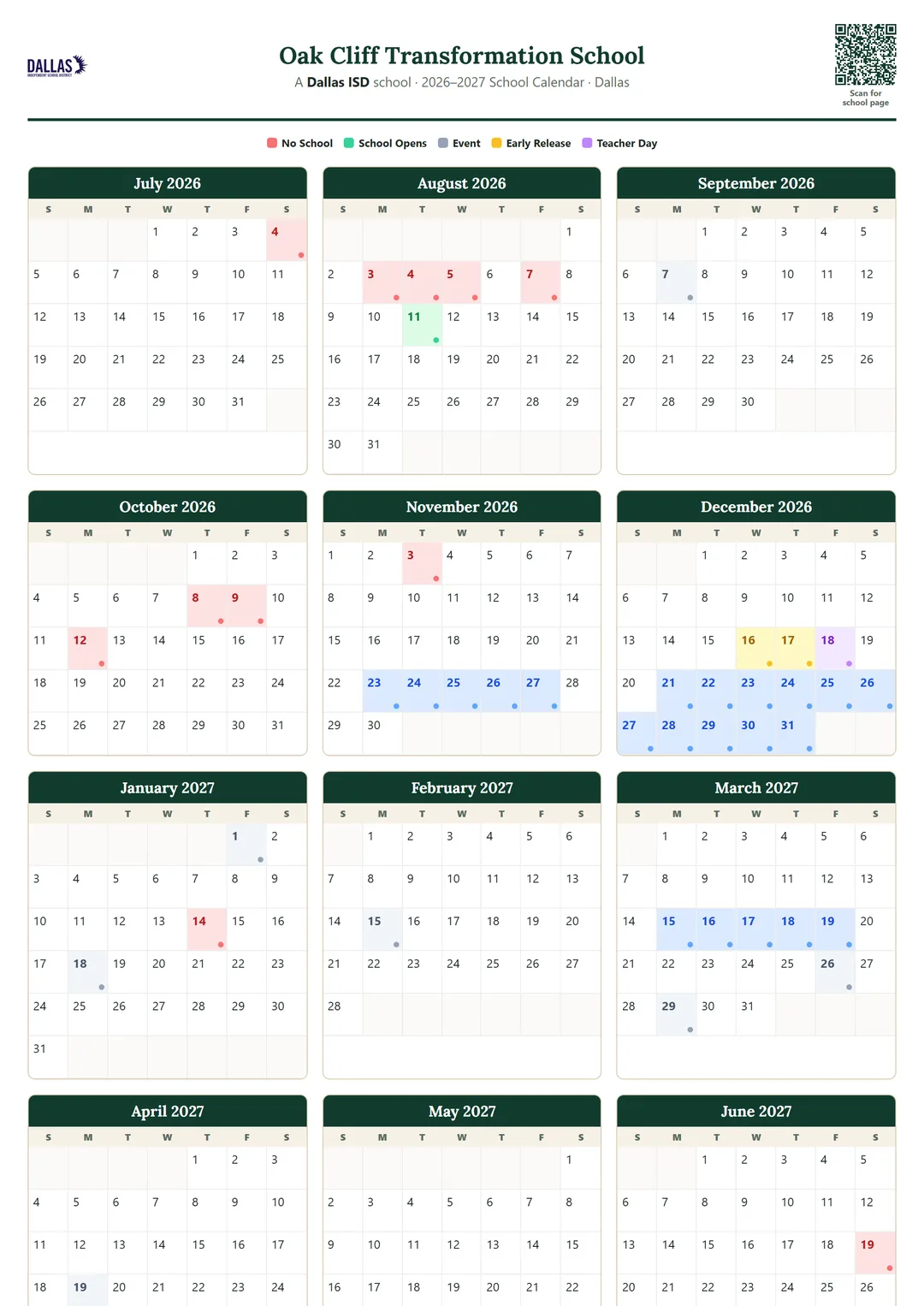 Oak Cliff Transformation School printable 2026–2027 calendar