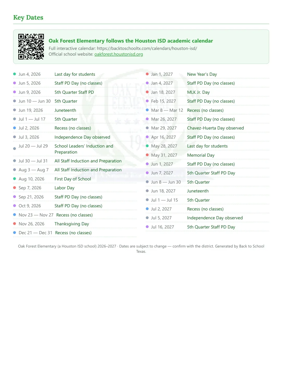 Oak Forest Elementary Calendar for the Year 26-27 — key dates