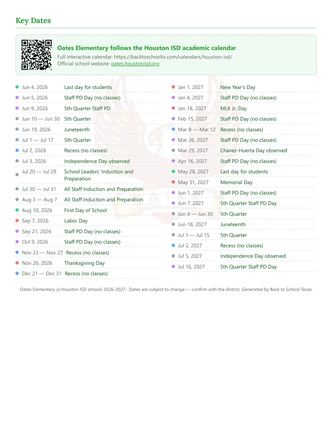 Oates Elementary Calendar for the Year 26-27 — key dates