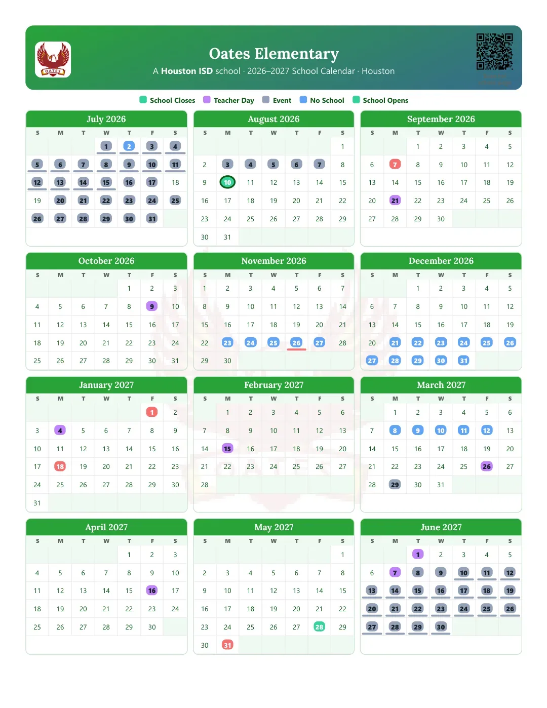 Oates Elementary Calendar for the Year 26-27