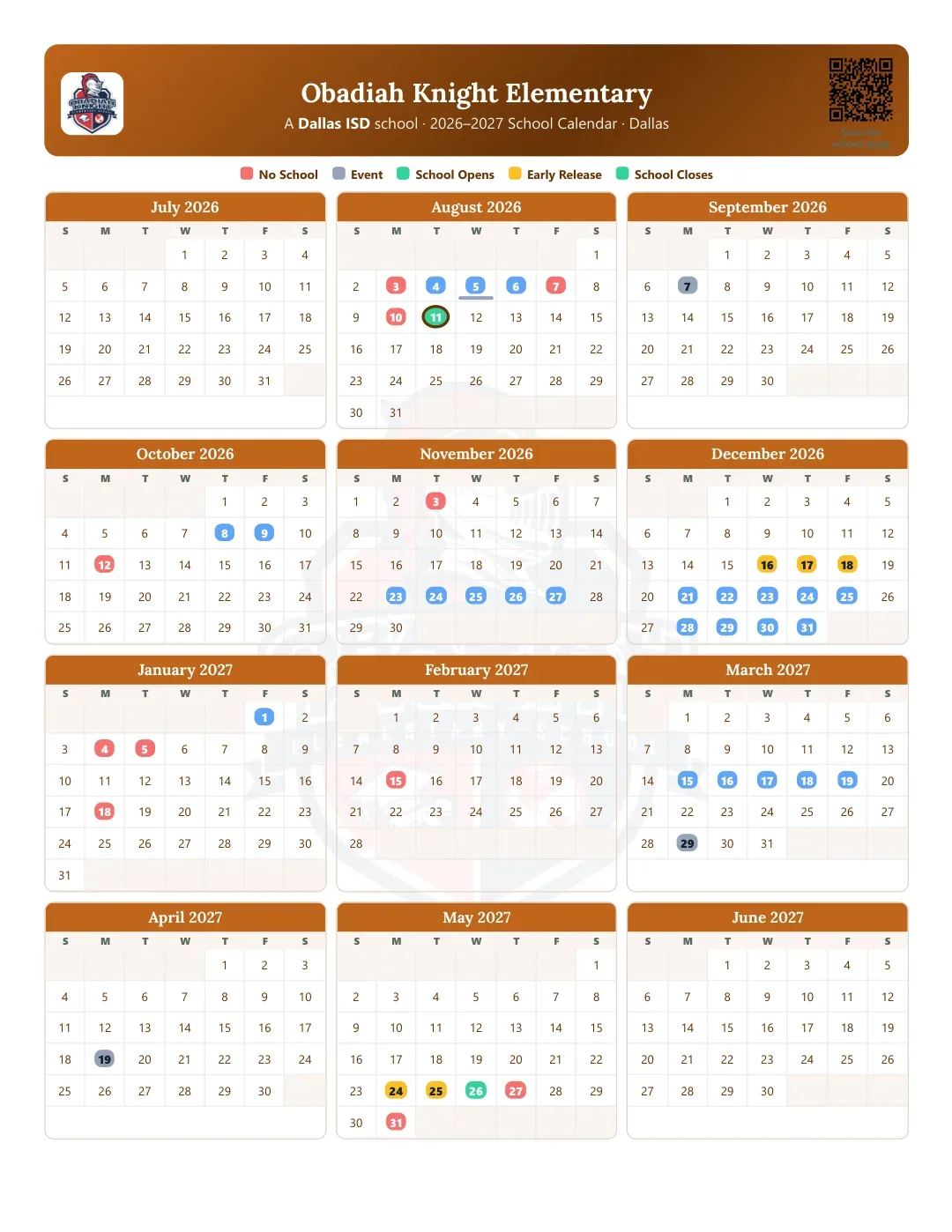 Obadiah Knight Elementary Calendar for the Year 26-27