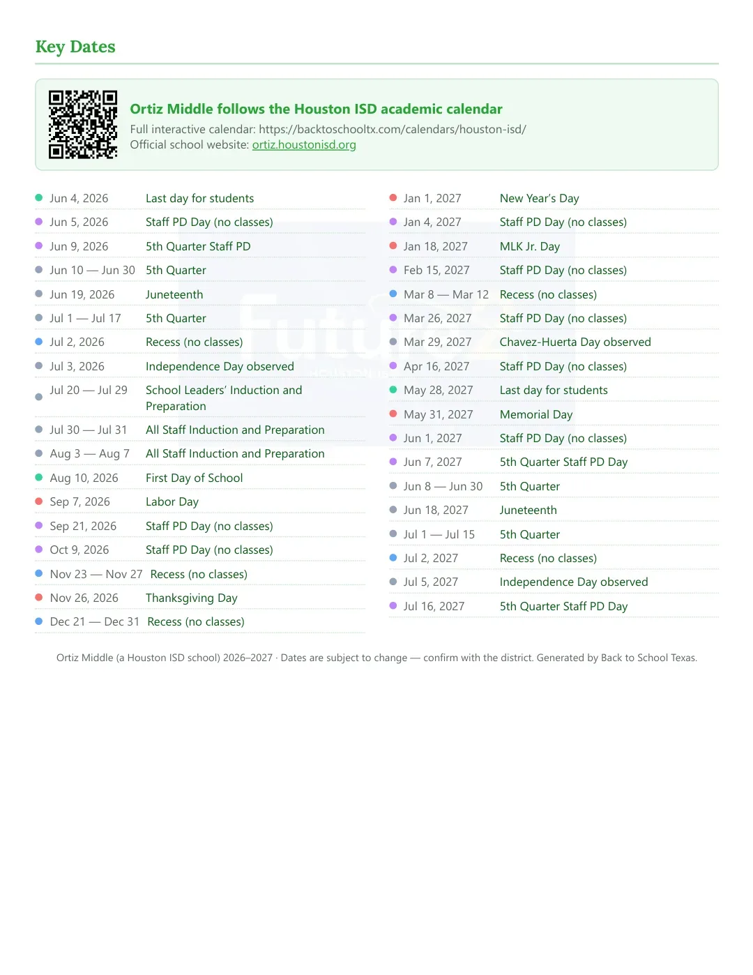 Ortiz Middle Calendar for the Year 26-27 — key dates