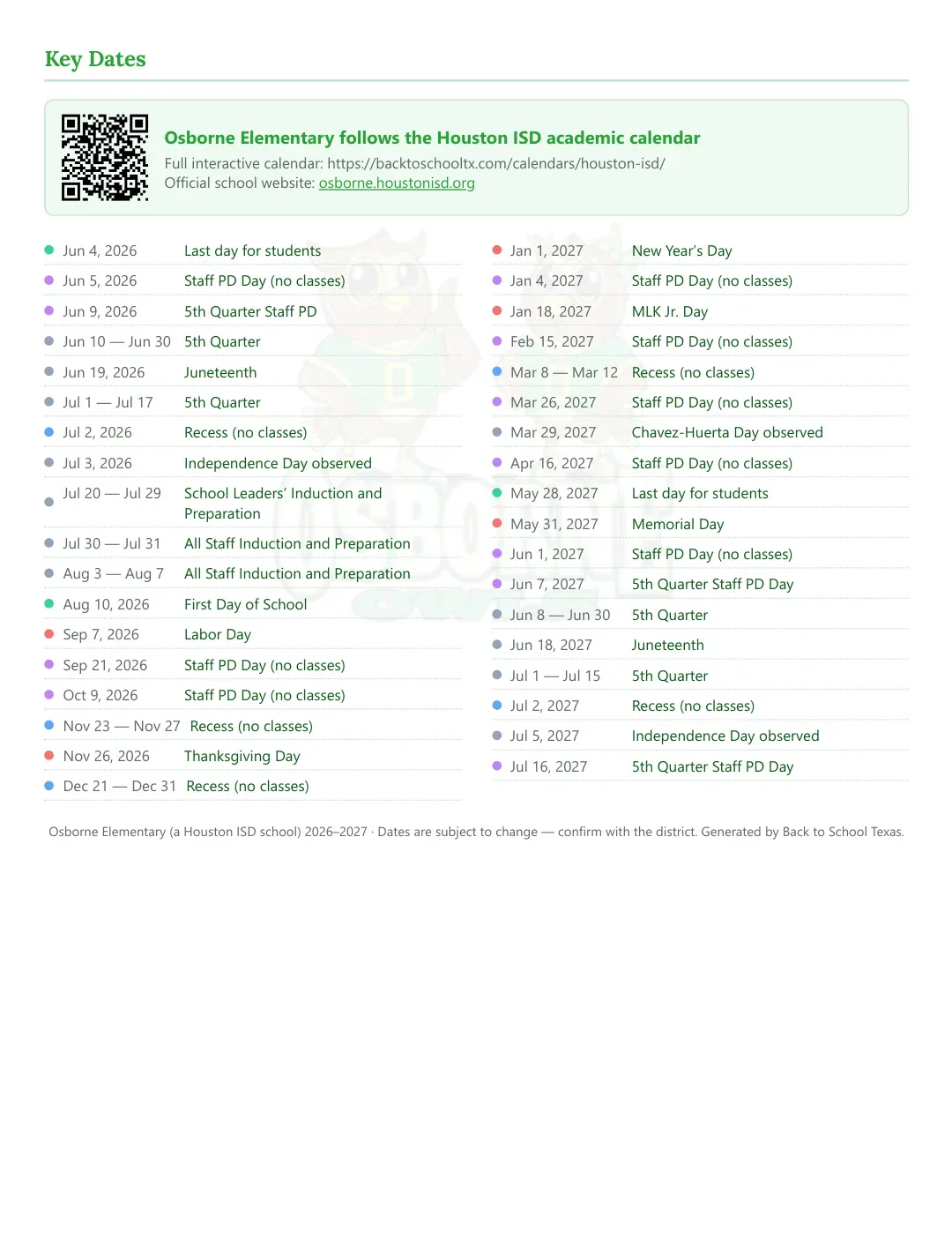 Osborne Elementary Calendar for the Year 26-27 — key dates