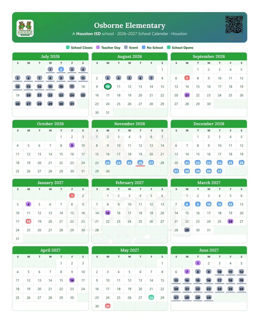 Osborne Elementary Calendar for the Year 26-27