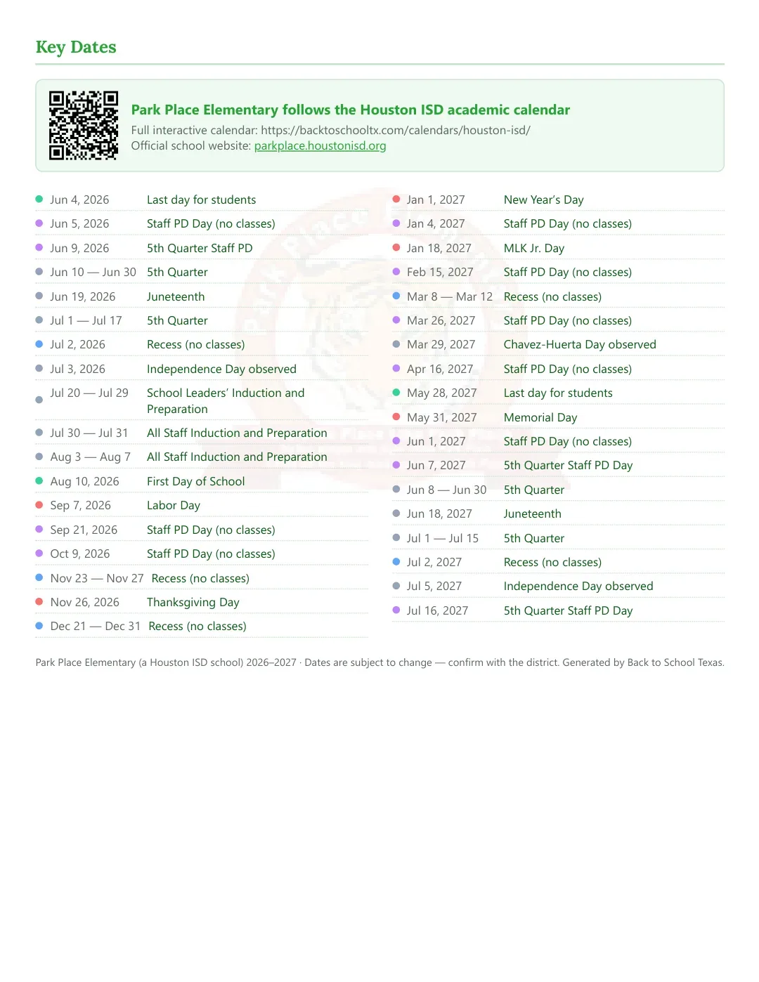 Park Place Elementary Calendar for the Year 26-27 — key dates