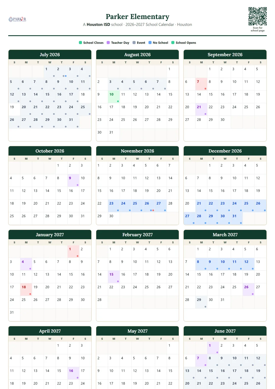 Parker Elementary printable 2026–2027 calendar