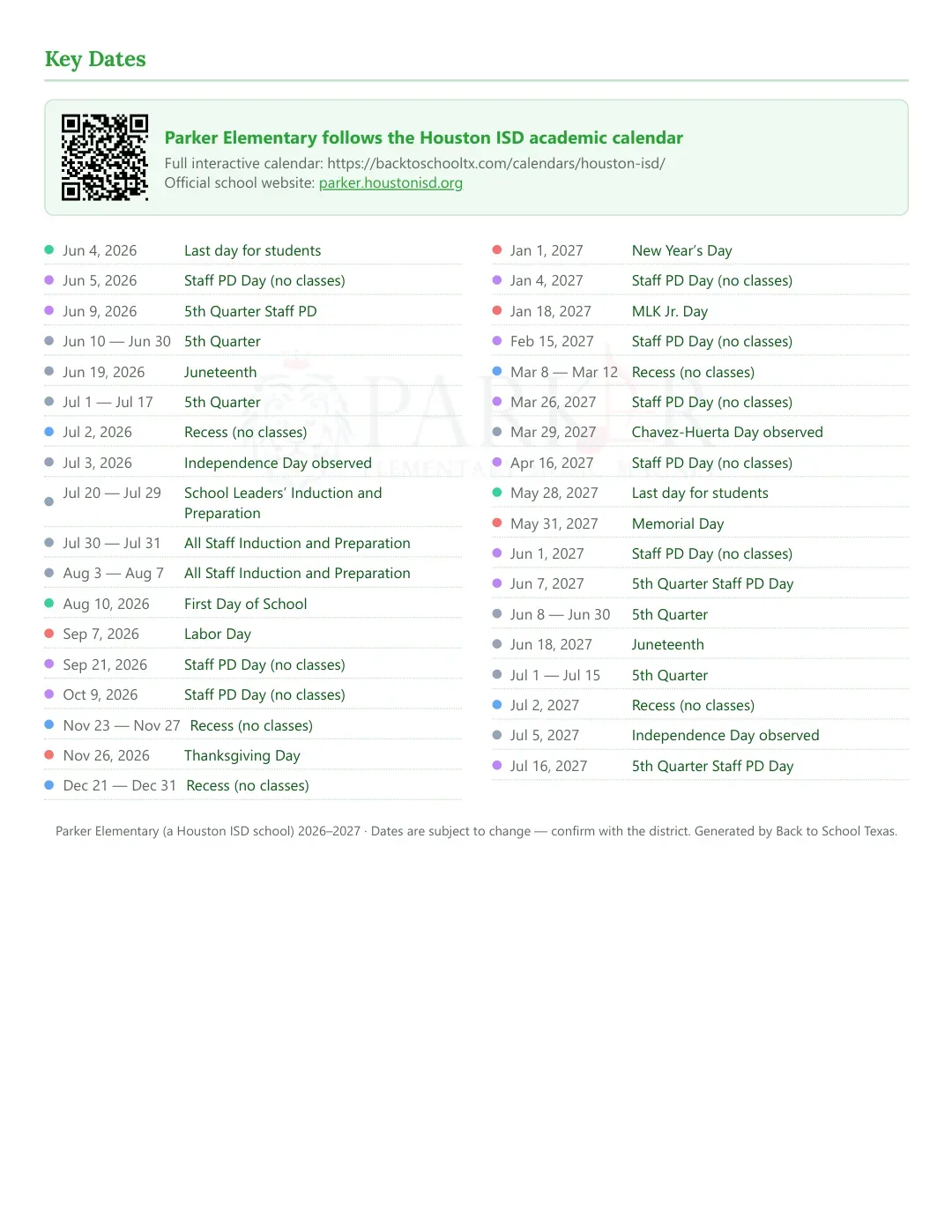 Parker Elementary Calendar for the Year 26-27 — key dates