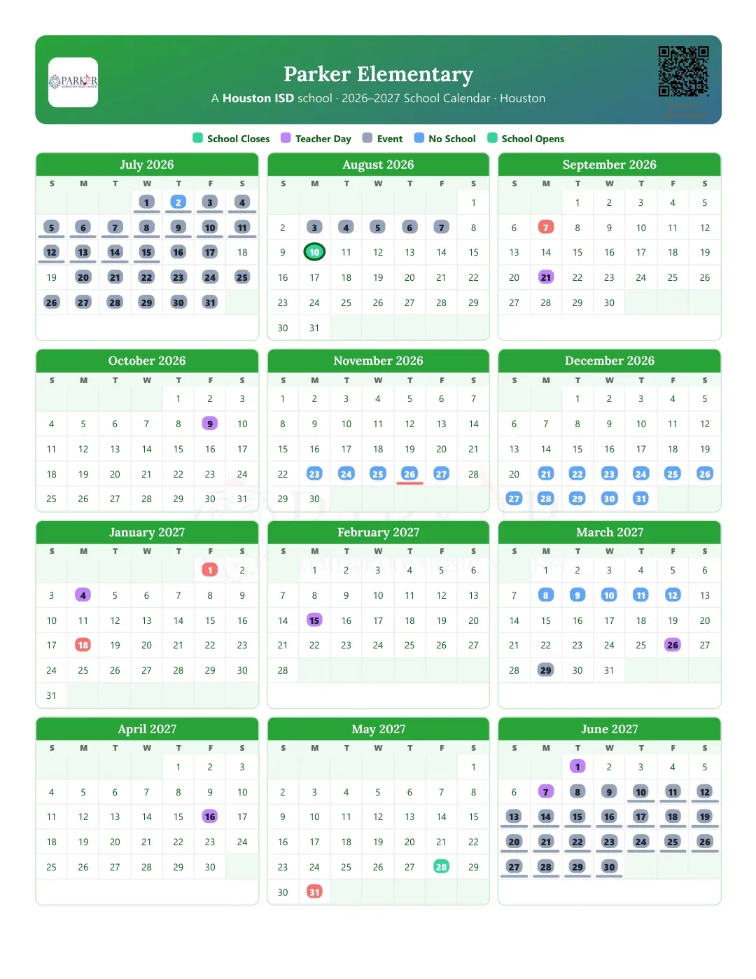 Parker Elementary Calendar for the Year 26-27