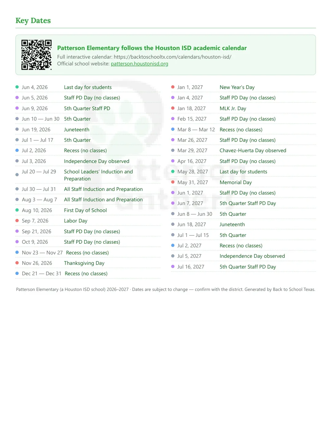 Patterson Elementary Calendar for the Year 26-27 — key dates