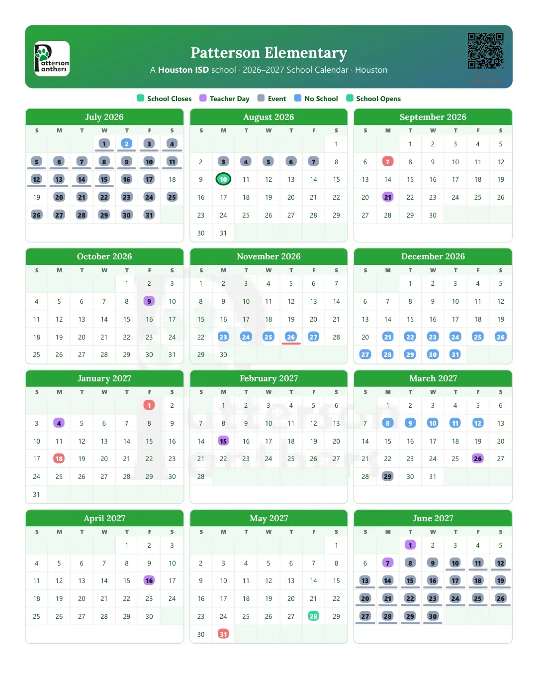 Patterson Elementary Calendar for the Year 26-27