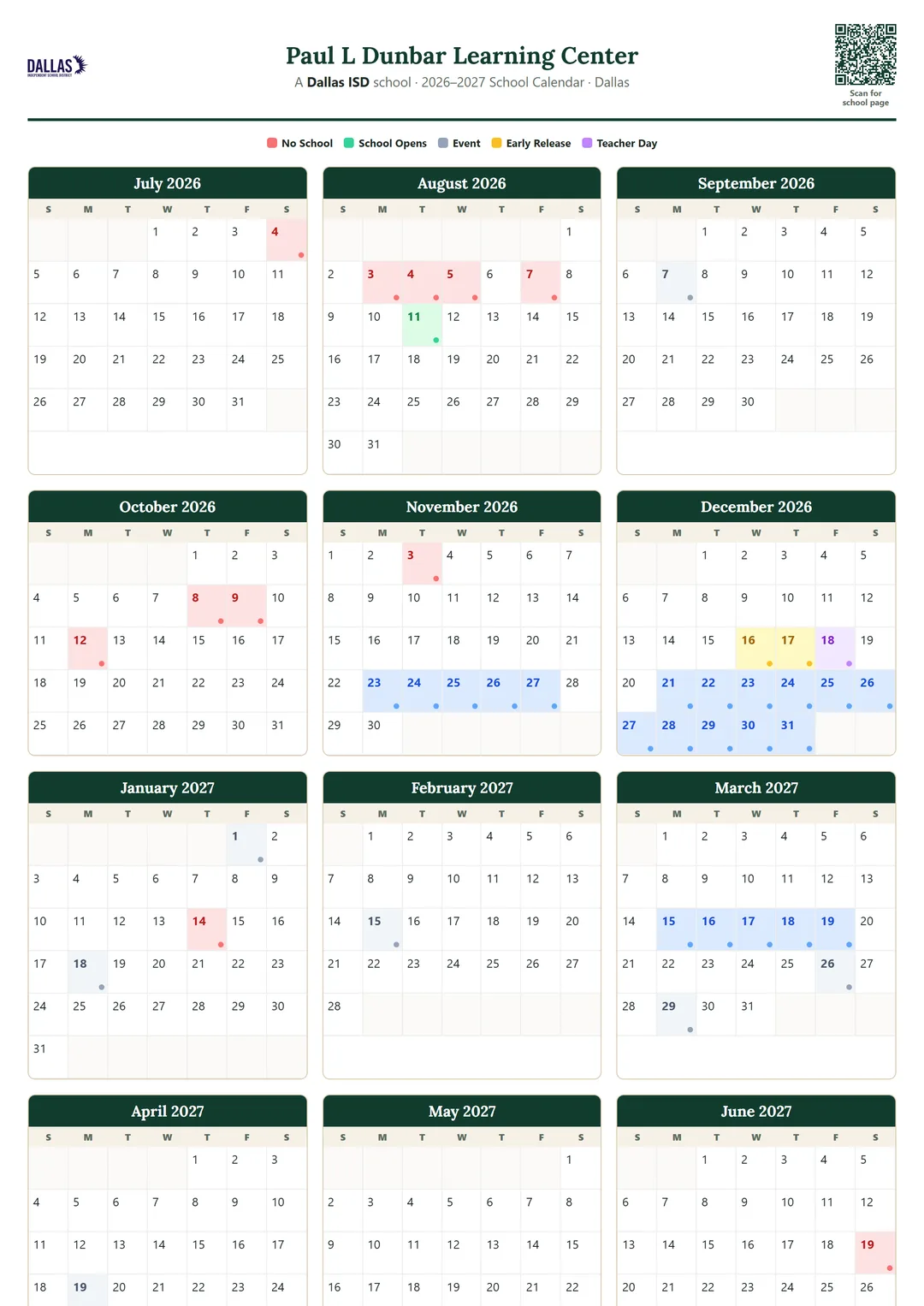 Paul L Dunbar Learning Center printable 2026–2027 calendar