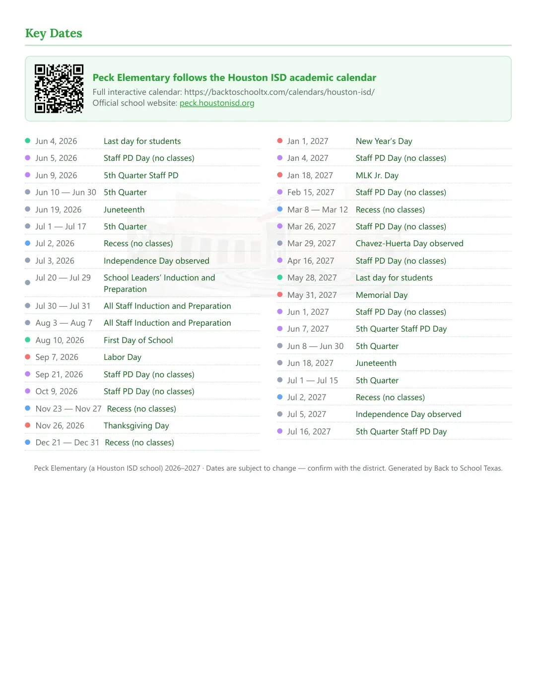 Peck Elementary Calendar for the Year 26-27 — key dates