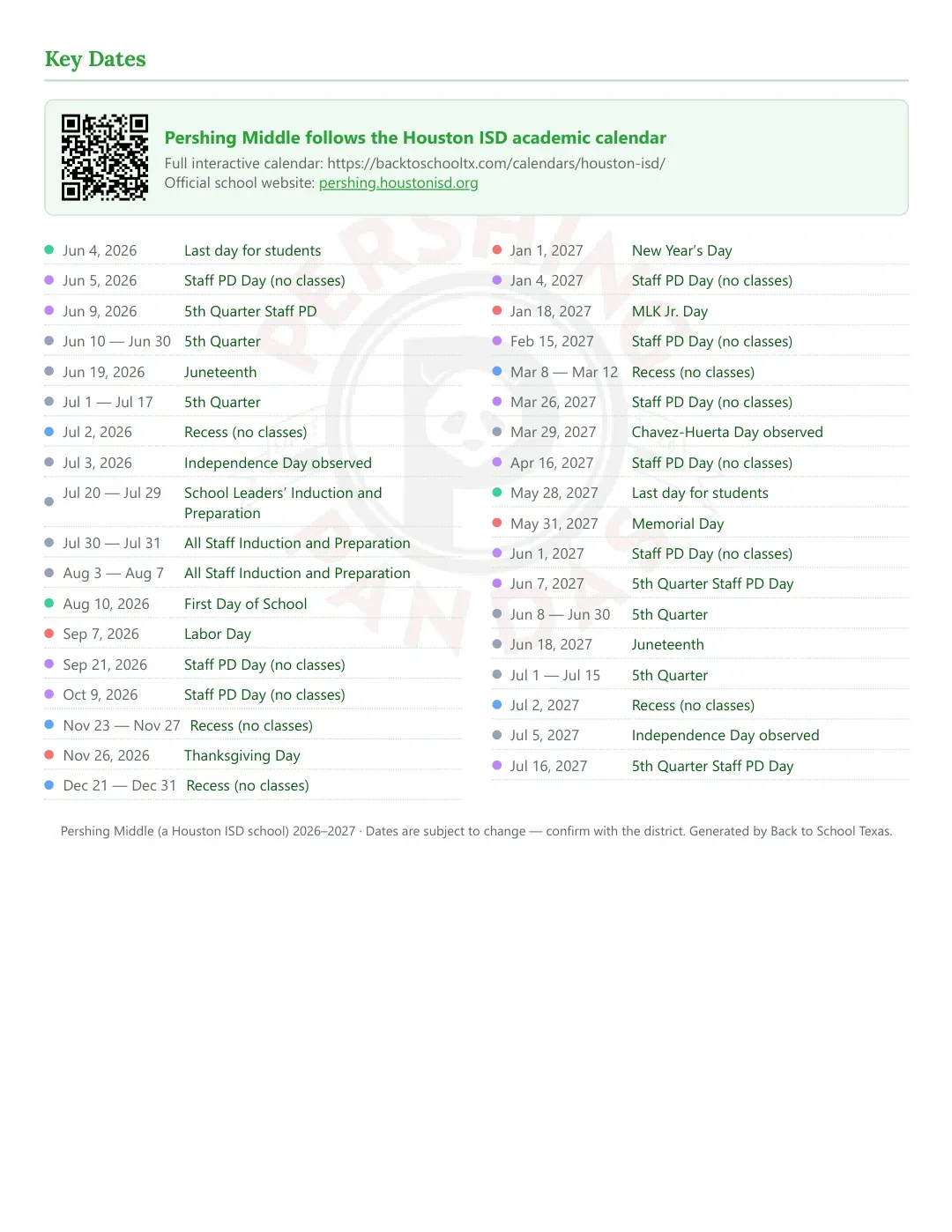 Pershing Middle Calendar for the Year 26-27 — key dates