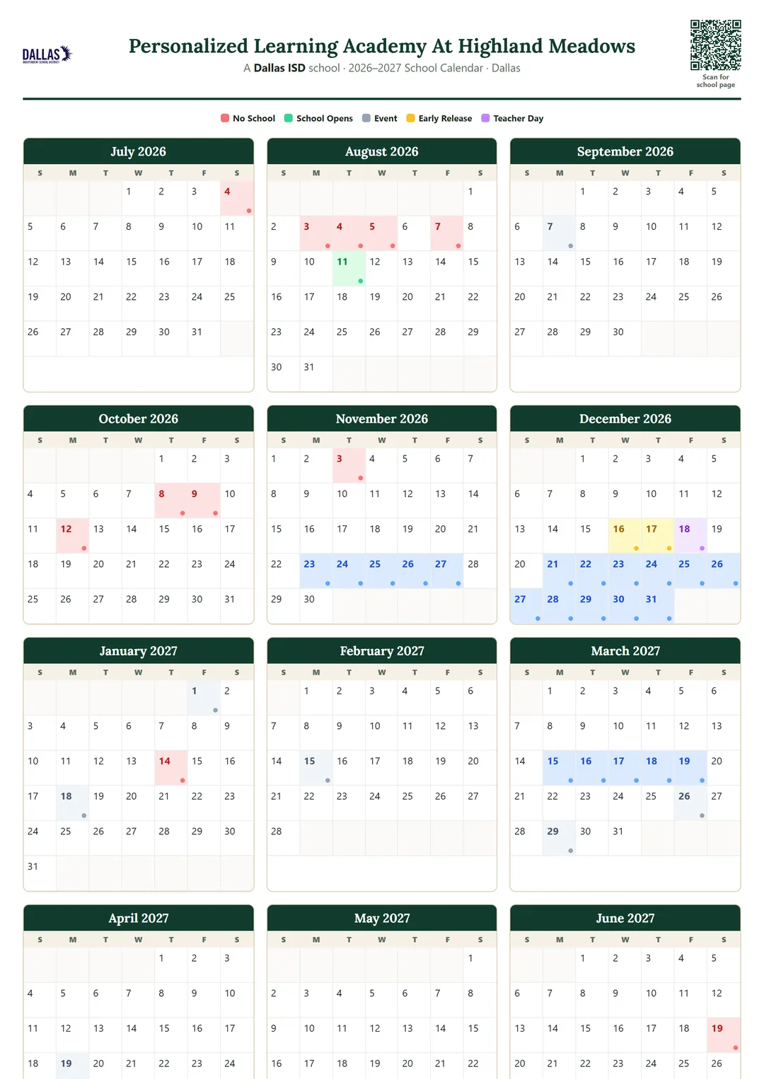Personalized Learning Academy At Highland Meadows printable 2026–2027 calendar