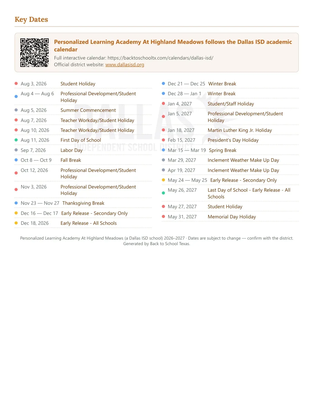 Personalized Learning Academy At Highland Meadows Calendar for the Year 26-27 — key dates