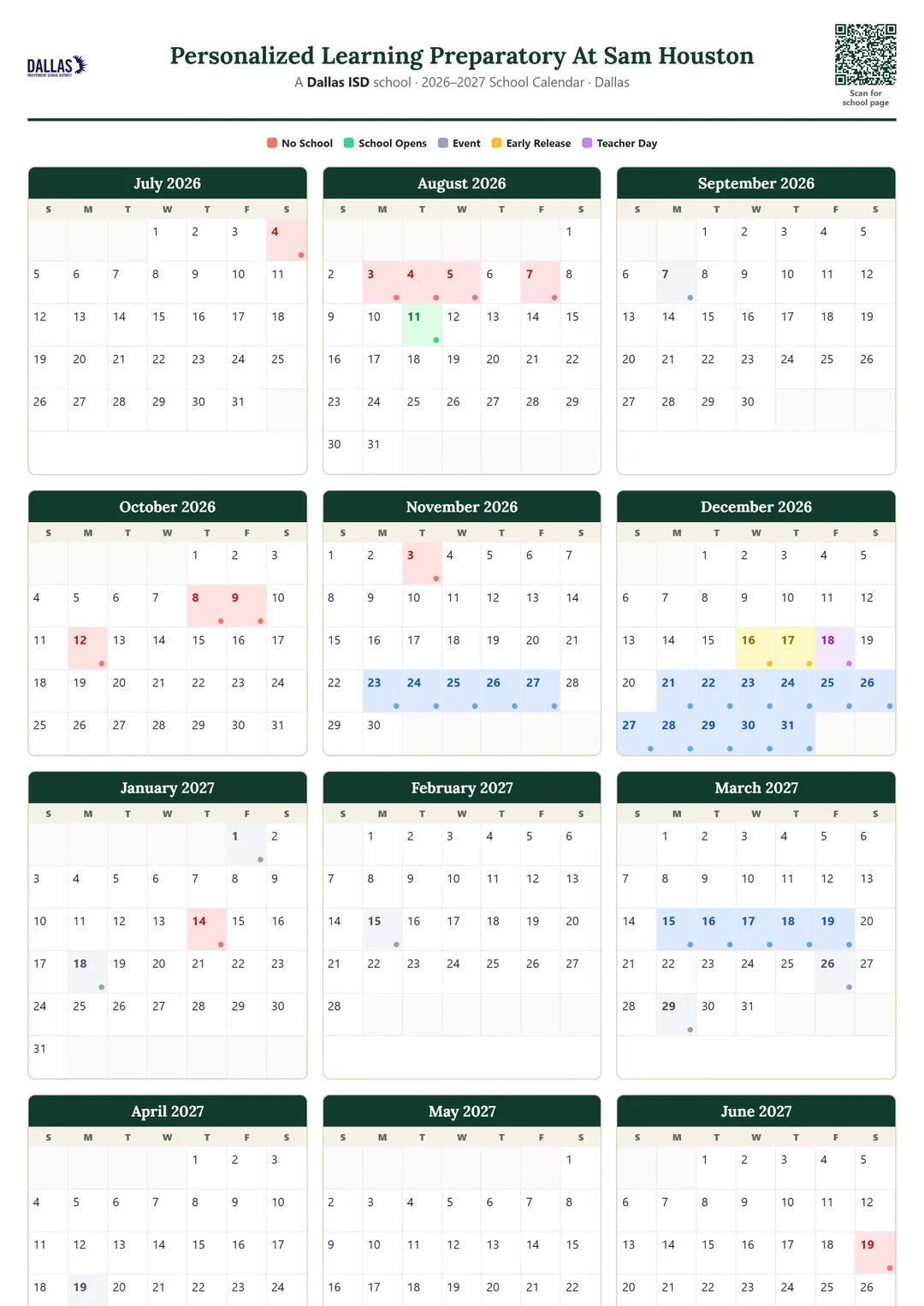 Personalized Learning Preparatory At Sam Houston printable 2026–2027 calendar
