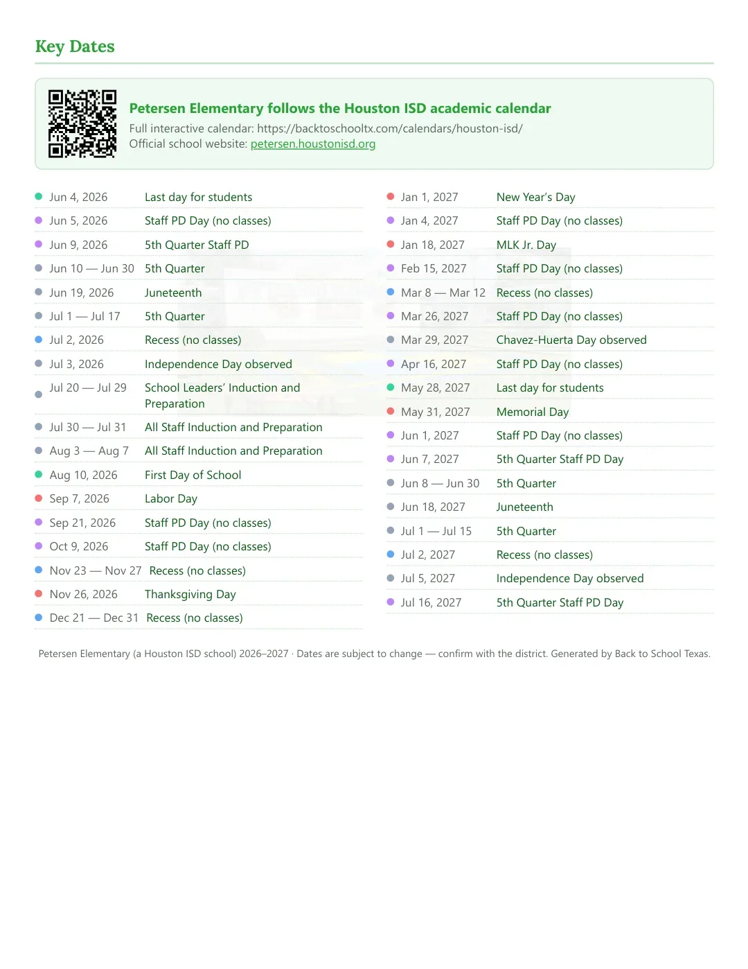 Petersen Elementary Calendar for the Year 26-27 — key dates