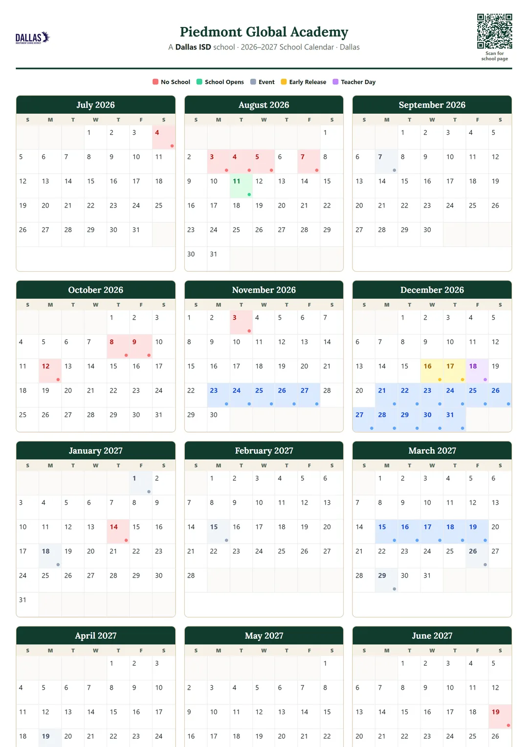 Piedmont Global Academy printable 2026–2027 calendar