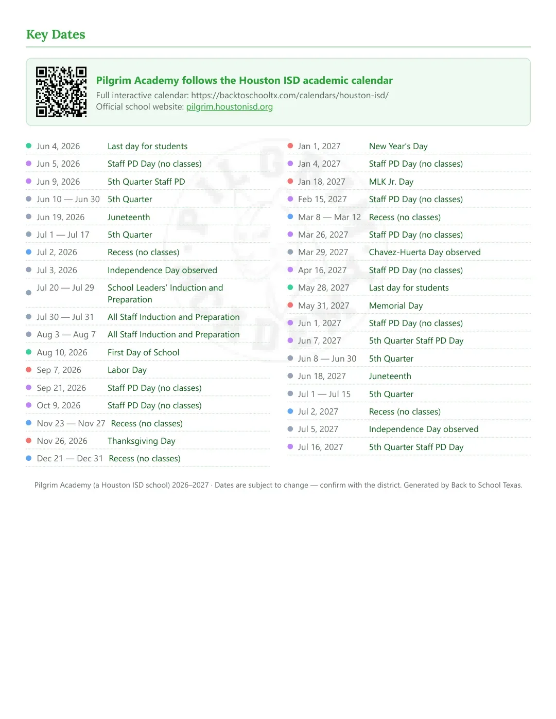 Pilgrim Academy Calendar for the Year 26-27 — key dates