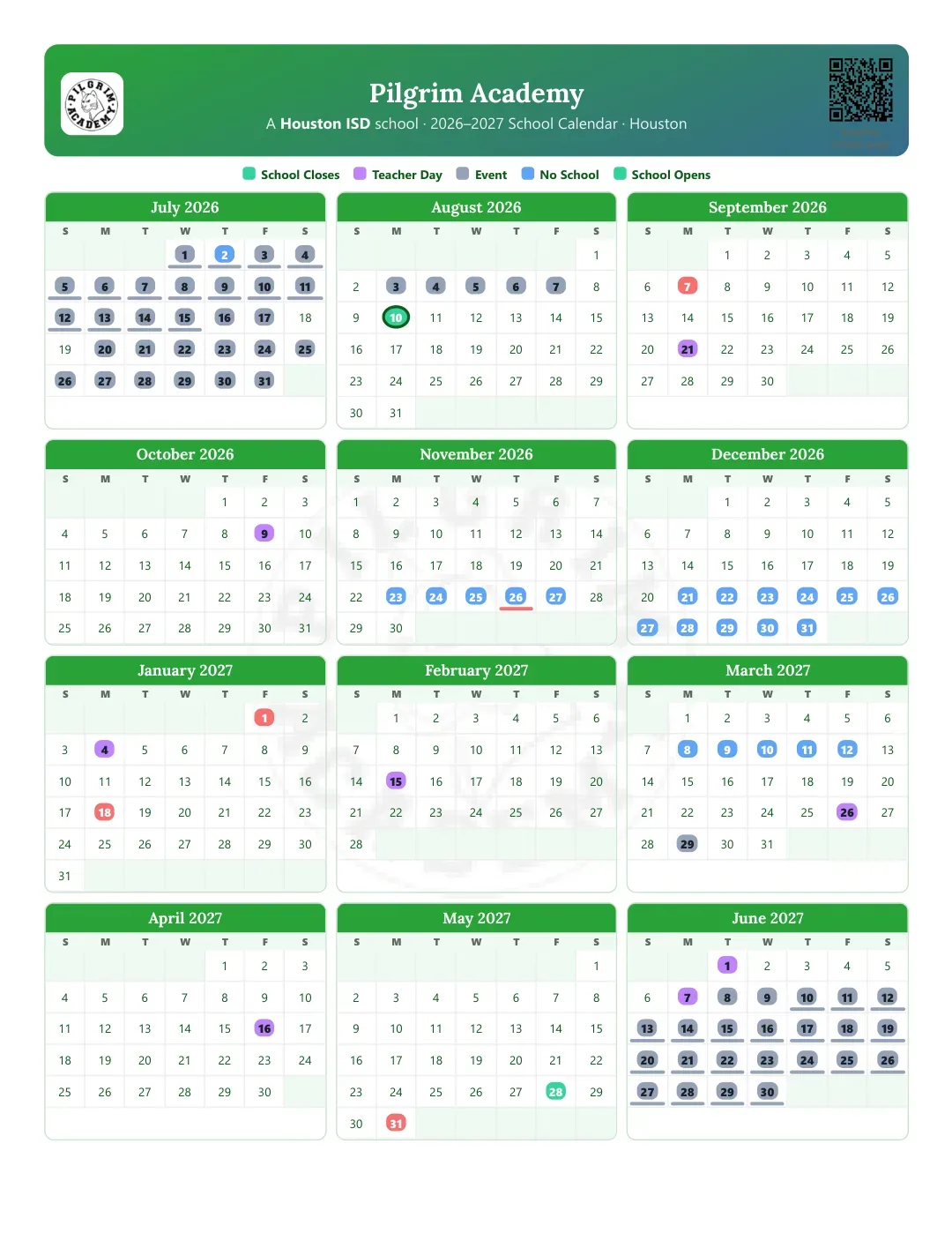Pilgrim Academy Calendar for the Year 26-27