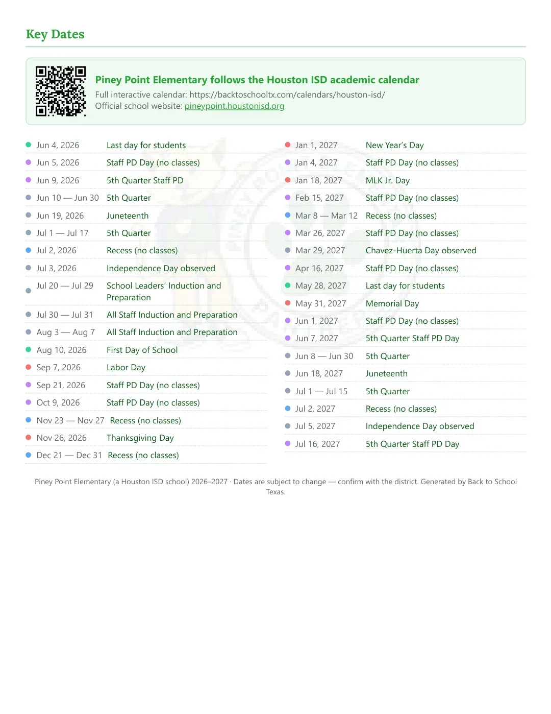 Piney Point Elementary Calendar for the Year 26-27 — key dates