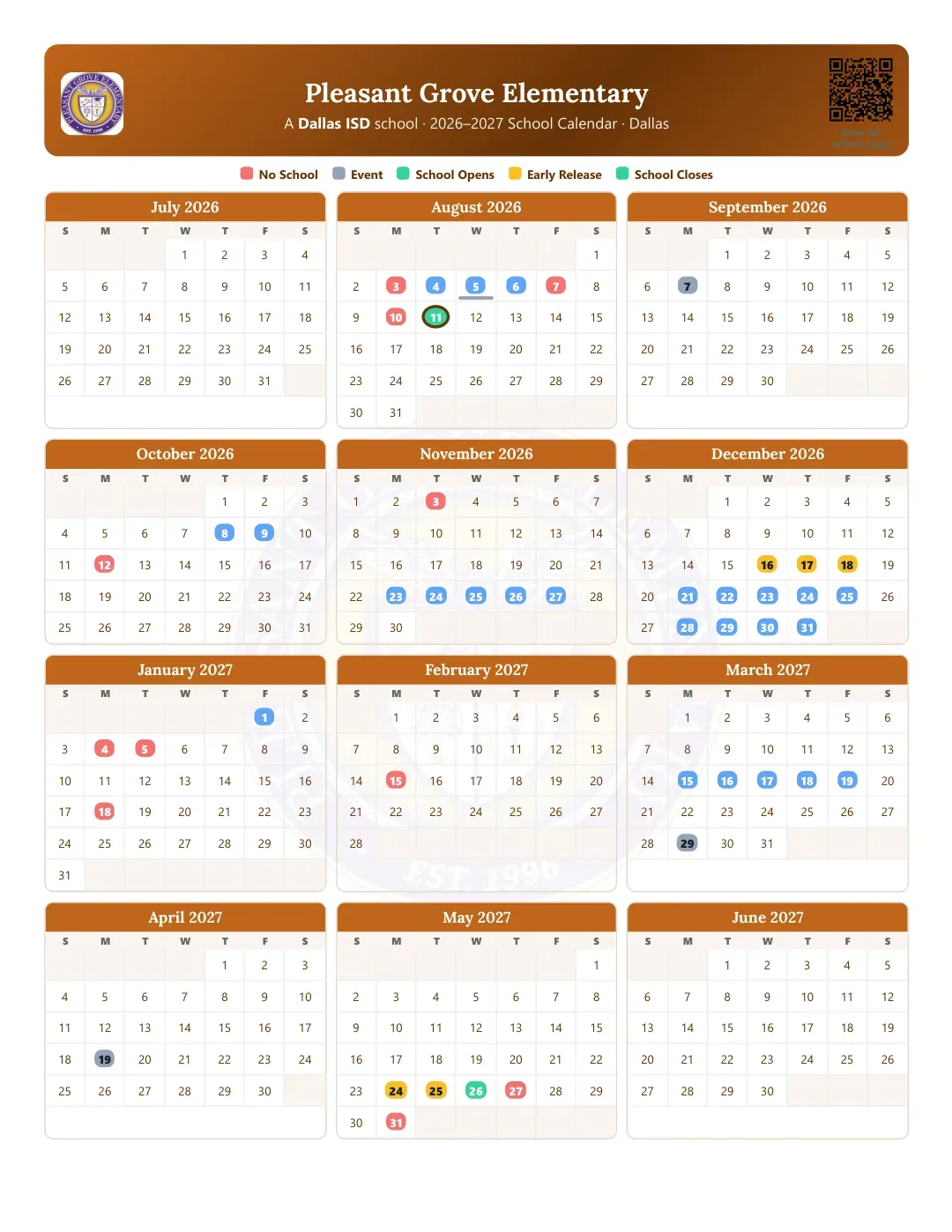 Pleasant Grove Elementary Calendar for the Year 26-27